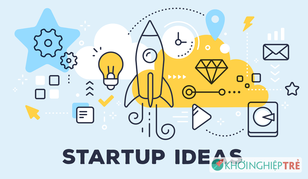 Vector illustration of rocket light bulb cloud and icons. Startup ideas concept on blue background with title. Thin line art flat style design for web site startup banner business presentation 1